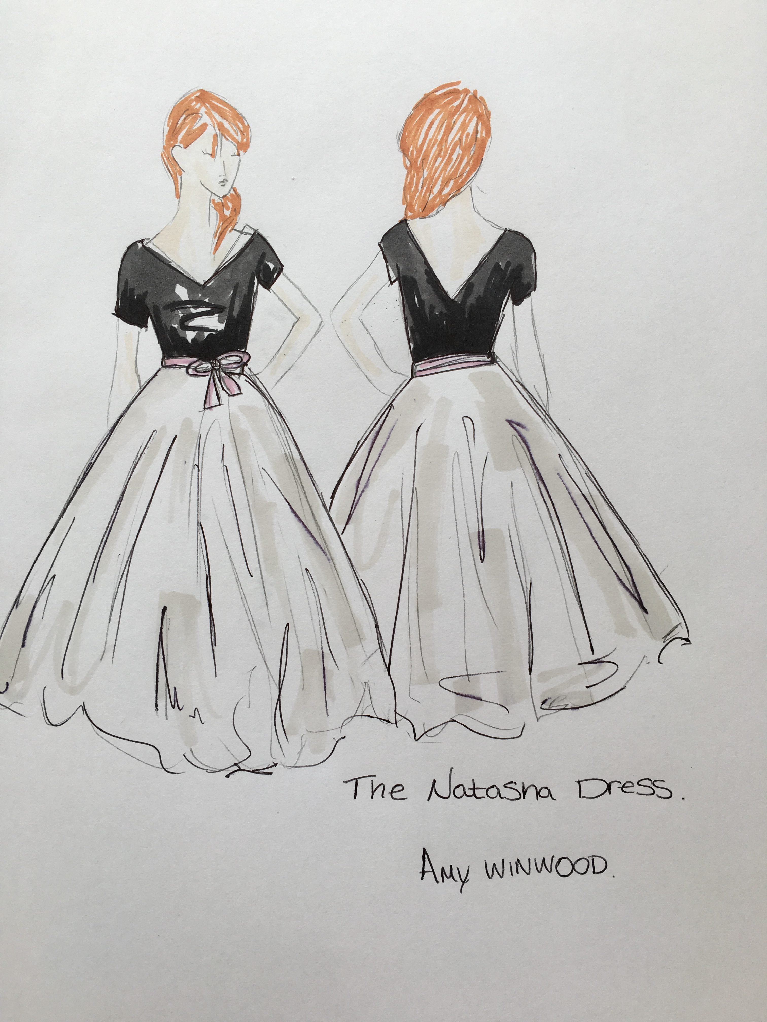An illustration of the Natasha dress by Amy Winwood. it has a black tshirt top and a long white floating skirt. 
