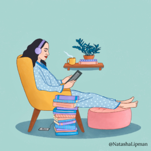 An illustration of natasha, a pale skinned Jewish woman with dark brown hair and red lipstick. She's sitting in a yellow vintage style chair with her legs on a round pink footstool. She's wearing blue pyjamas with white polka dots and has a pair of headphones over her ears, while she reads from an e-reader. Next to her is a multi-coloured pile of books, and on the turquoise "wall" behind her is a shelf with a yellow steaming mug of tea, and a plant sitting on more books.